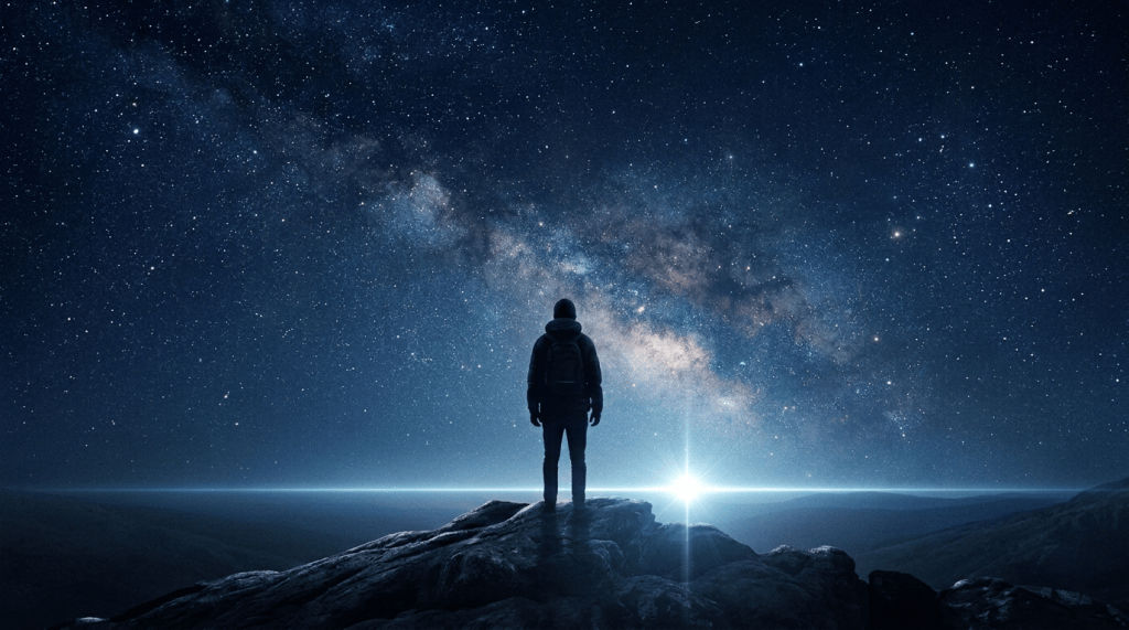 Silhouette of a person standing on rocks beneath the Milky Way