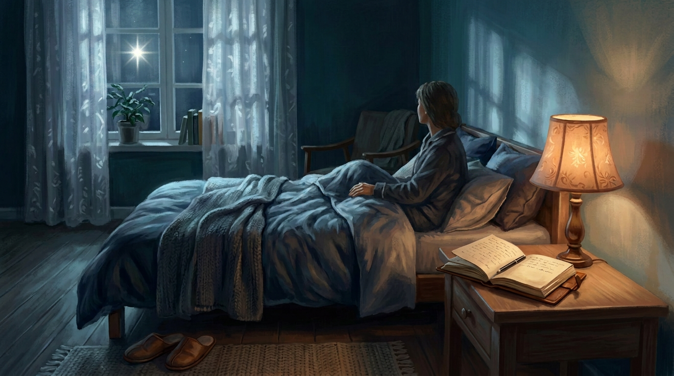 Cozy bedroom with open book, blankets, window, and glowing bedside lamp