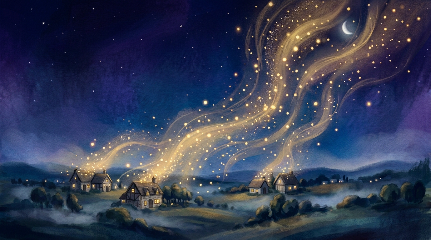 Golden stardust swirling above a misty countryside beneath a crescent moon