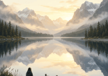 Person sitting beside a mountain lake with a dock and reflected peaks