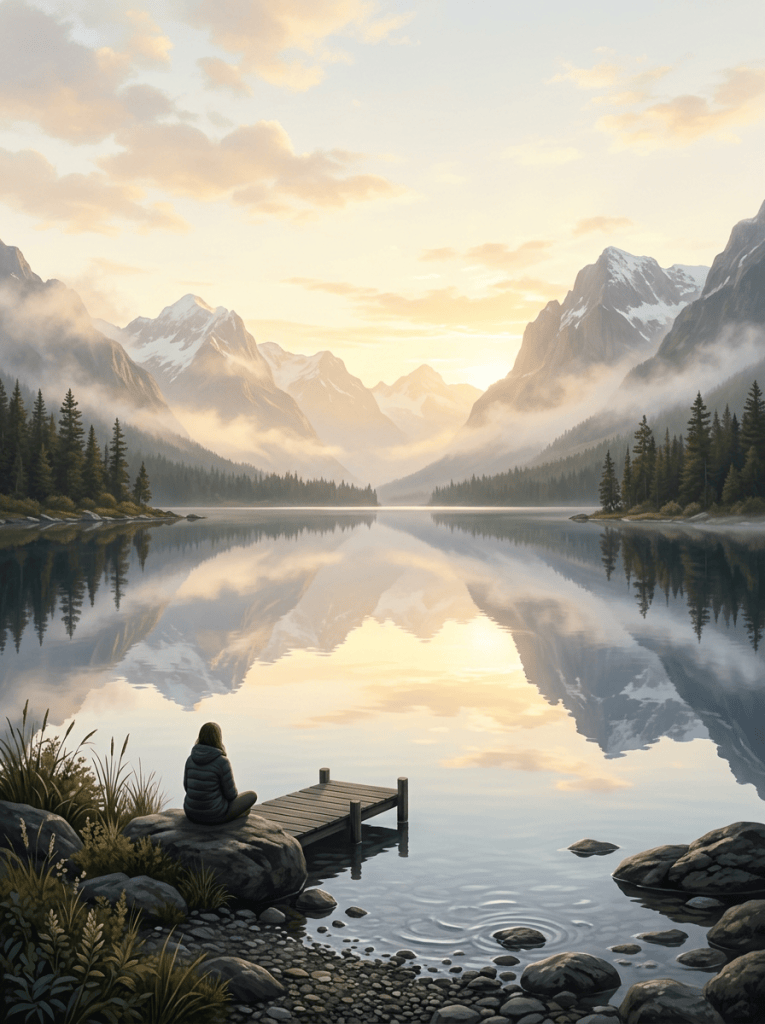 Person sitting beside a mountain lake with a dock and reflected peaks