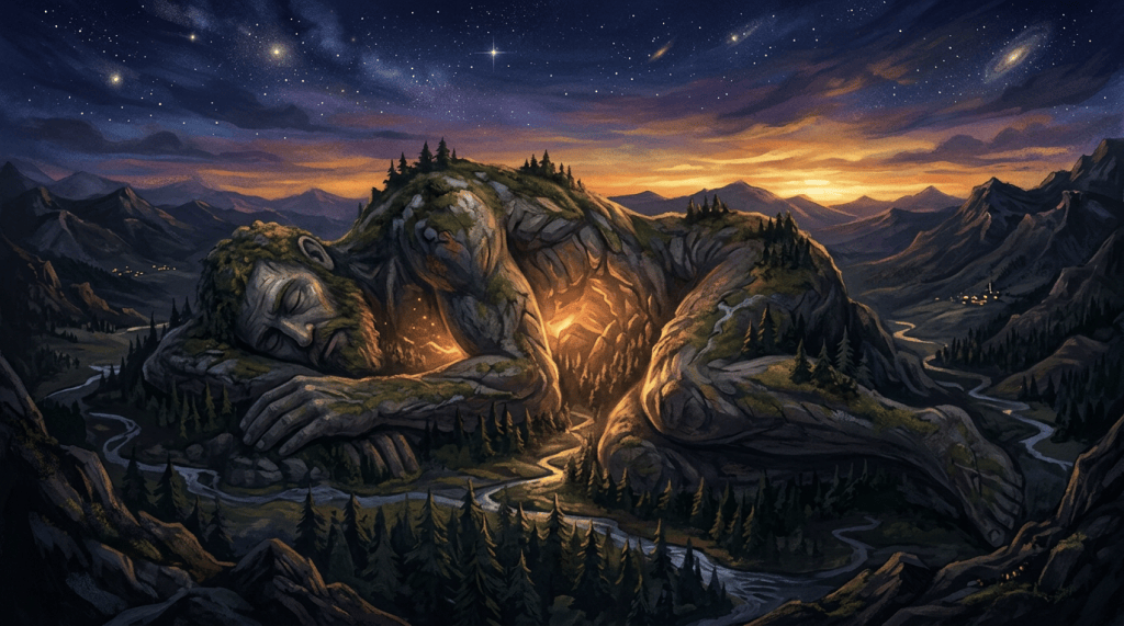 Sleeping stone giant mountain glowing above a winding forest river