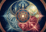 Ornate circular mandala with central flame, four colorful symbolic sections, and stars