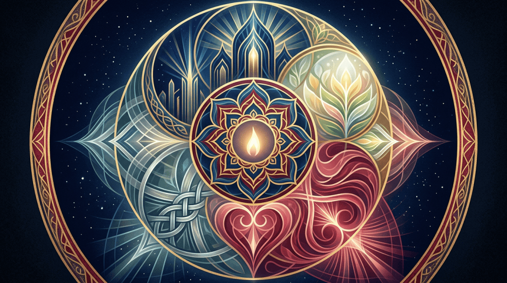 Ornate circular mandala with central flame, four colorful symbolic sections, and stars