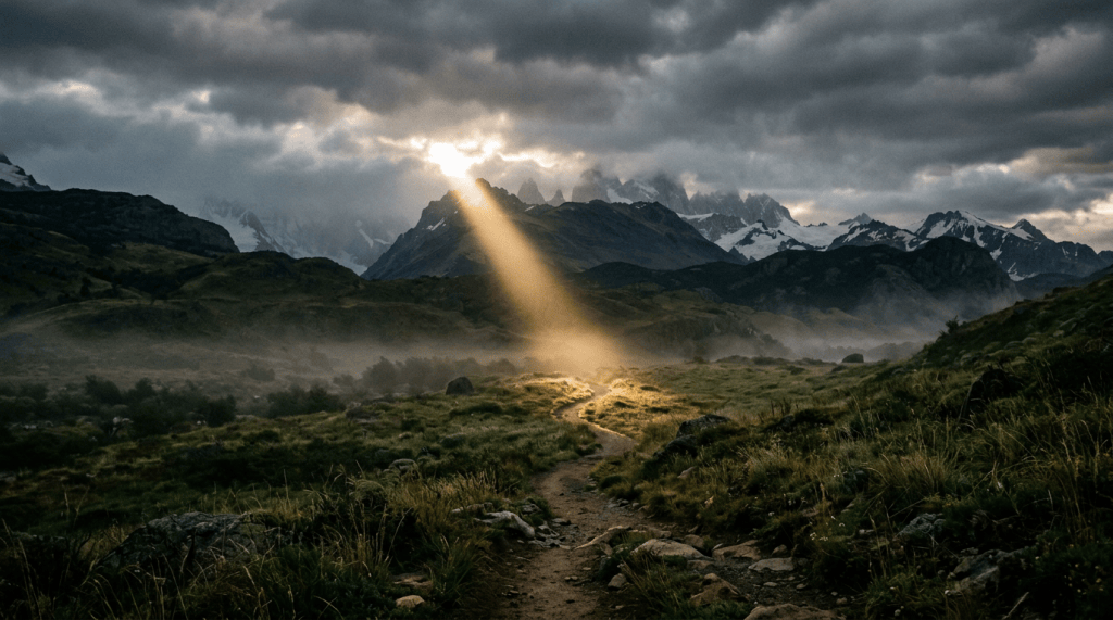 Winding trail through a grassy mountain valley beneath sunbeams and snowy peaks