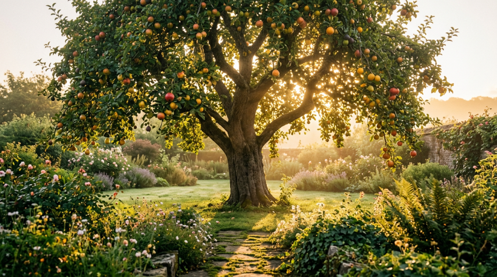Fruit-laden tree beside a flower-filled garden path at sunset