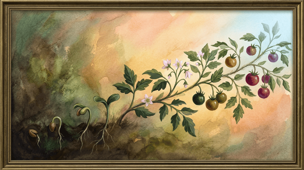 Watercolor illustration of a tomato plant life cycle from seeds to fruit