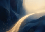 Abstract golden path winding through dark blue shapes toward a bright horizon