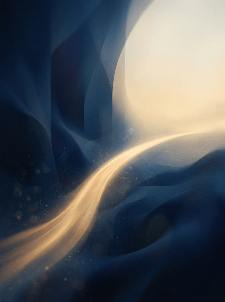 Abstract golden path winding through dark blue shapes toward a bright horizon