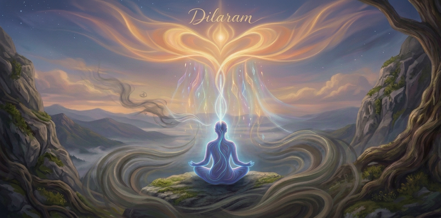 Meditating figure beneath glowing symbol with text: Dilaram; el Confortador de los corazones; energía sutil; silence lan that leaves a thought; energía humana densa