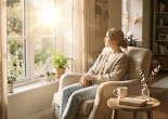 Sunlit armchair with a blanket, coffee, and plants beside a window