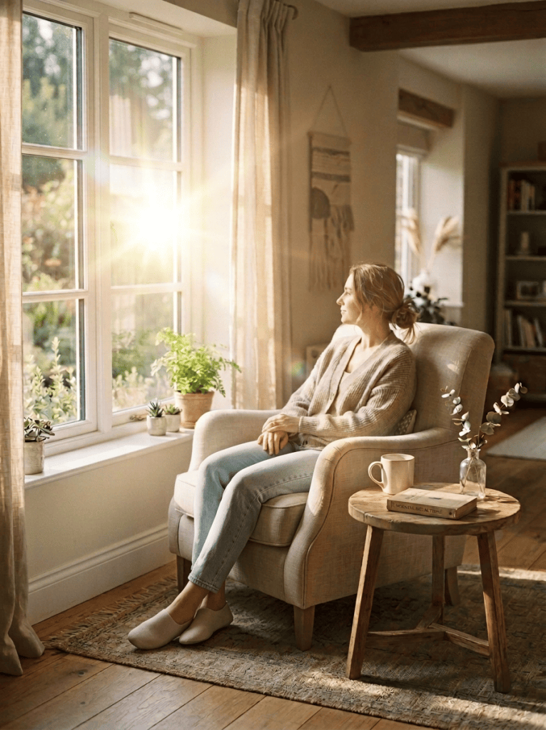 Sunlit armchair with a blanket, coffee, and plants beside a window