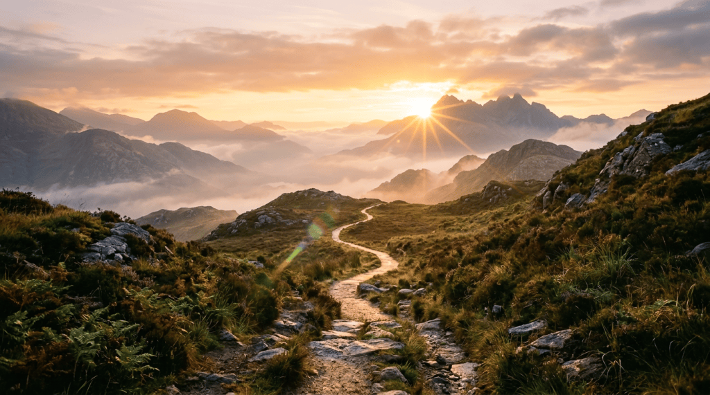Winding mountain trail through rocky terrain beneath misty peaks at sunset