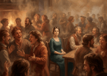 A woman sits quietly among animated patrons in a smoky, warmly lit tavern.