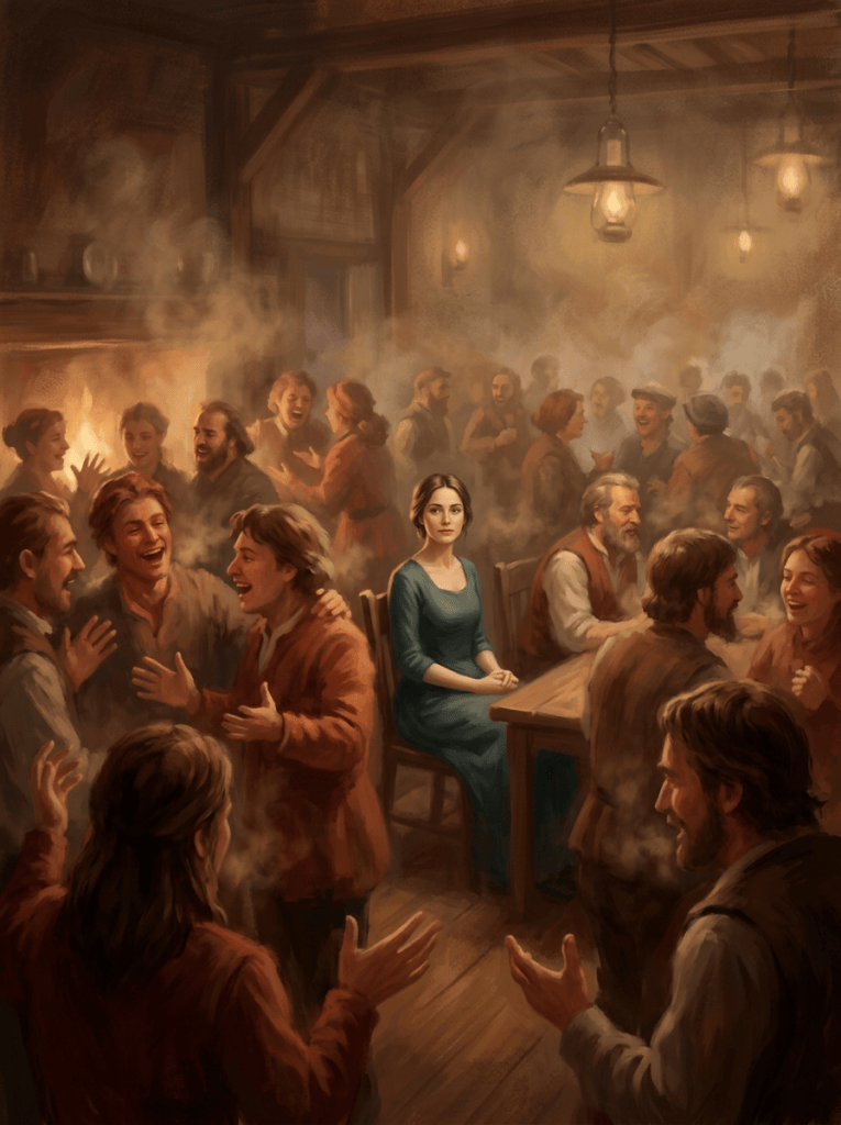 A woman sits quietly among animated patrons in a smoky, warmly lit tavern.