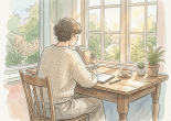 Person writing at a desk beside sunny windows with books, tea, and plants