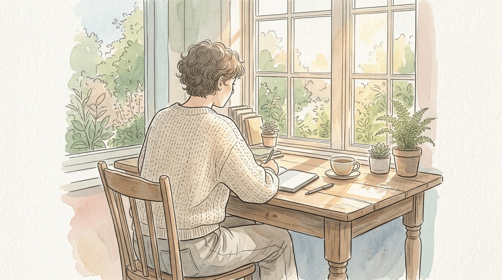 Person writing at a desk beside sunny windows with books, tea, and plants