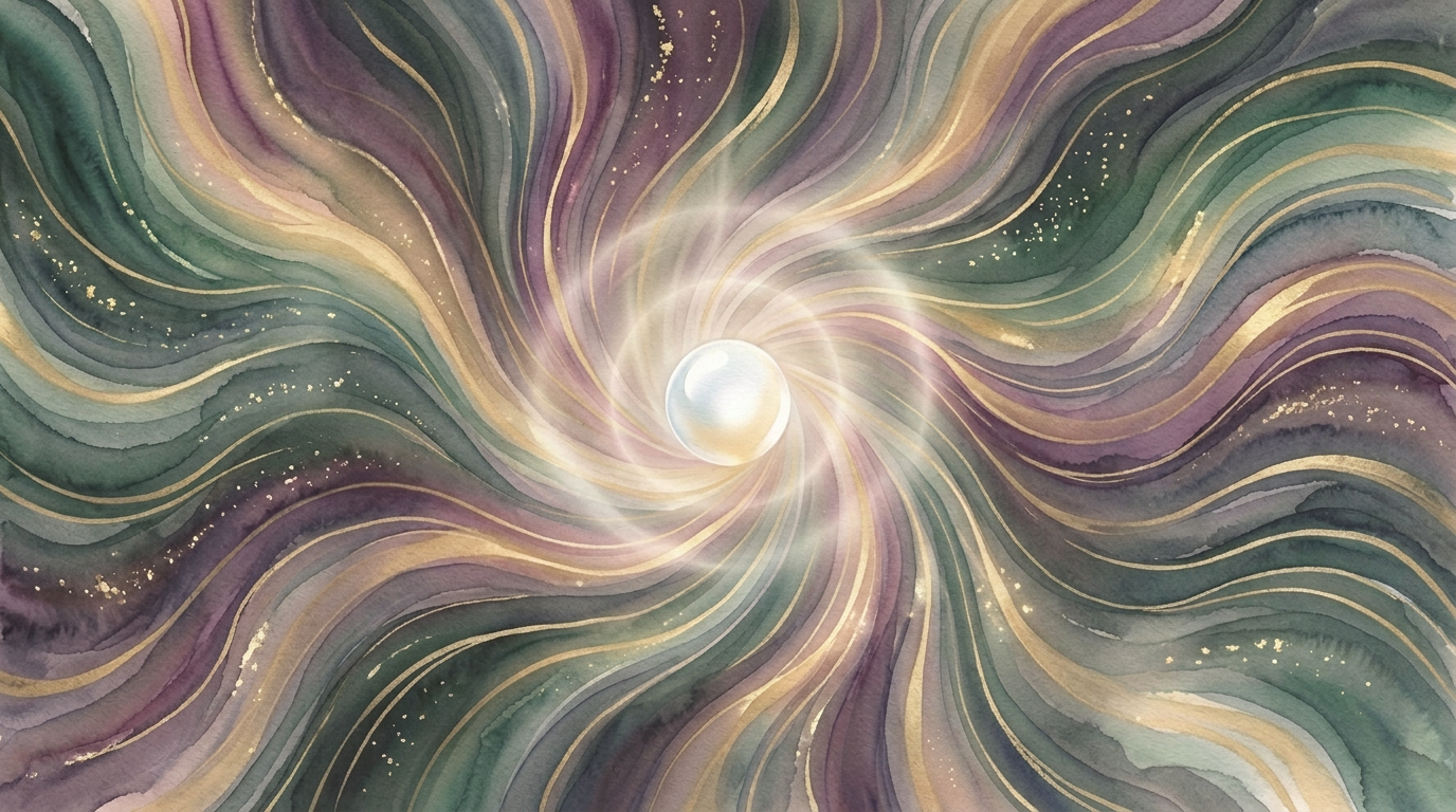 Luminous pearl surrounded by swirling blue, violet, and gold watercolor ribbons