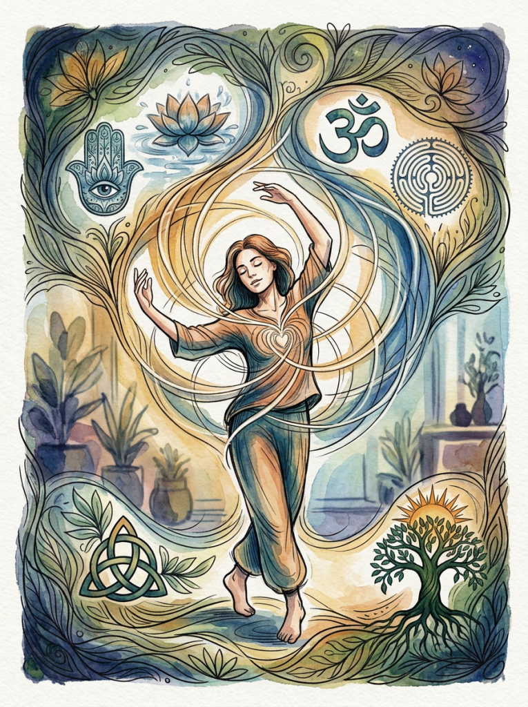 Ilustración con bailarina y texto: "La mejor danza interior es la que tiene lugar dentro nuestro cuando recordamos que no estamos solos..." "...que tenemos al Compañero con nosotros en el instante mismo en que Le recordamos." "Baila con alegría en tu interior, y de una forma u otra bailarás también en el exterior."