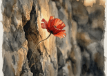 Red poppy blooming against weathered gray-brown tree bark