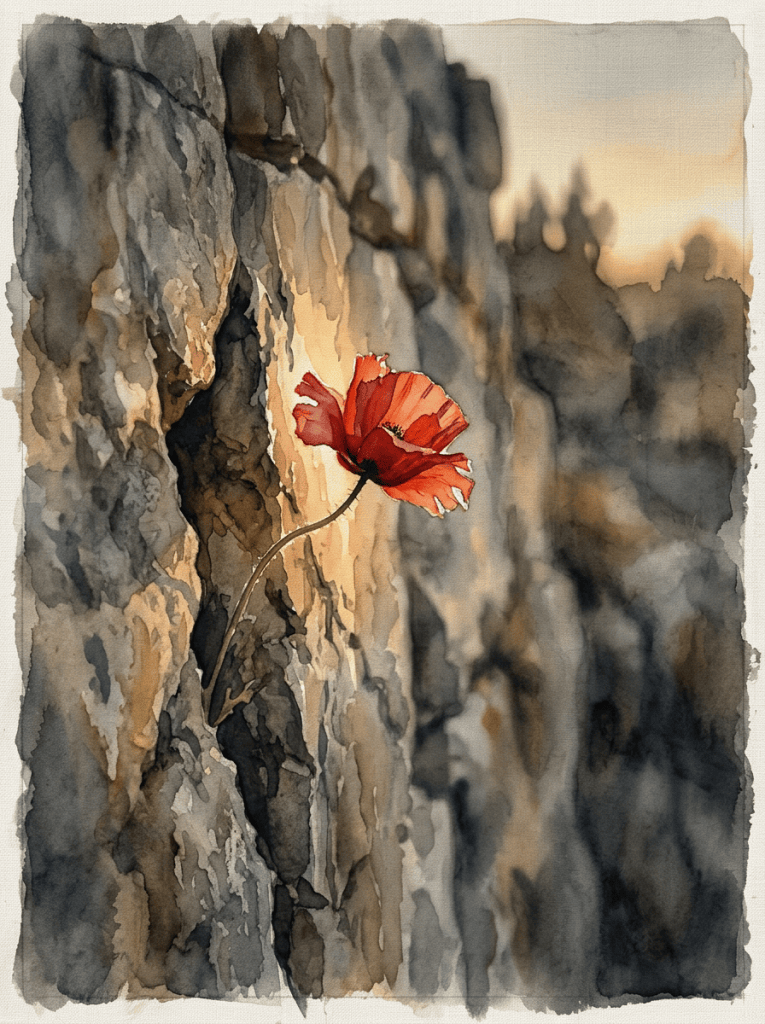 Red poppy blooming against weathered gray-brown tree bark