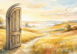 Ornate open door leading to a winding countryside path