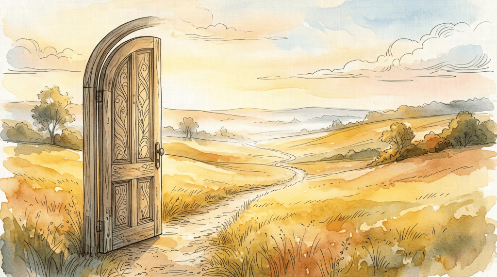 Ornate open door leading to a winding countryside path