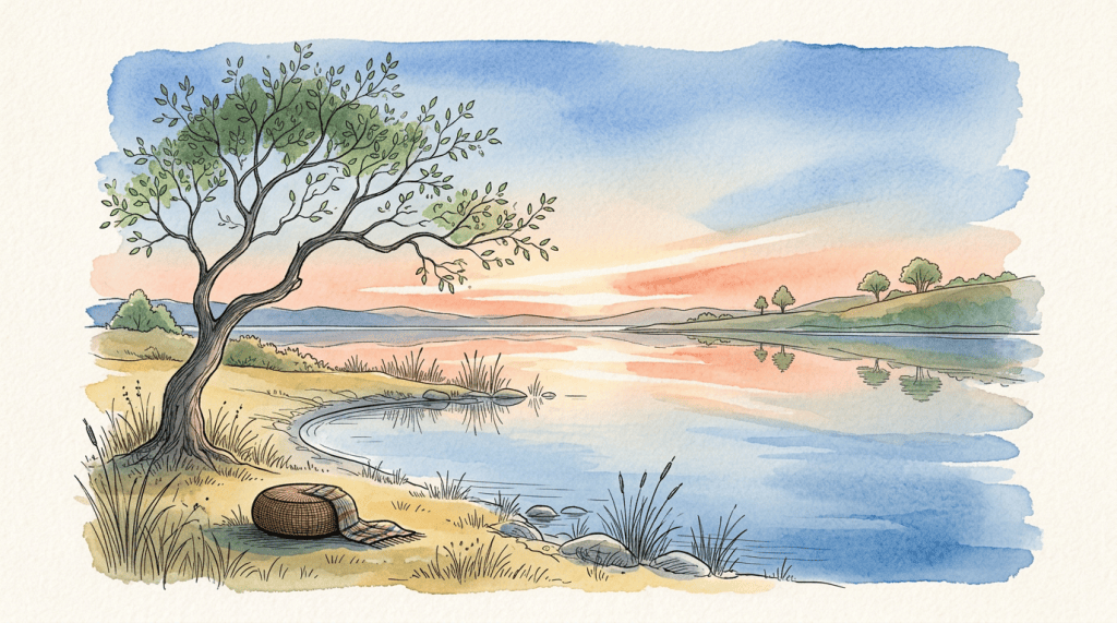 Straw hat beside a calm lake beneath a spreading tree
