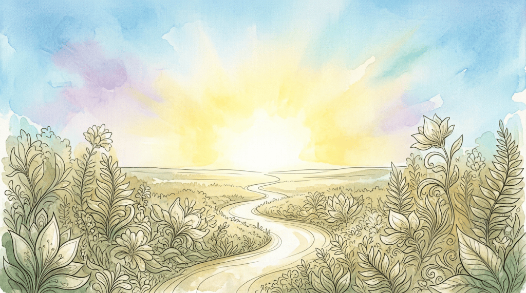 Winding path through an ornate, flower-filled forest illustration