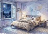Watercolor bedroom with an open window, crescent moon, bed, lamp, and armchair