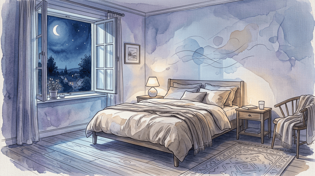 Watercolor bedroom with an open window, crescent moon, bed, lamp, and armchair