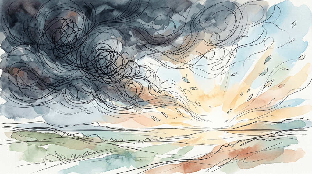 Watercolor landscape with dark swirling clouds and sunlight over open fields