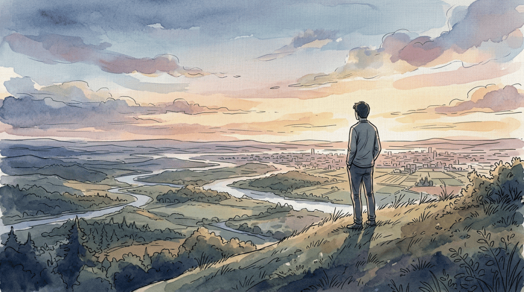 Solitary person overlooking a winding river valley and distant town