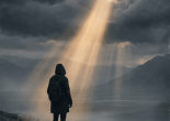 Lone hiker facing mountains as golden light breaks through storm clouds