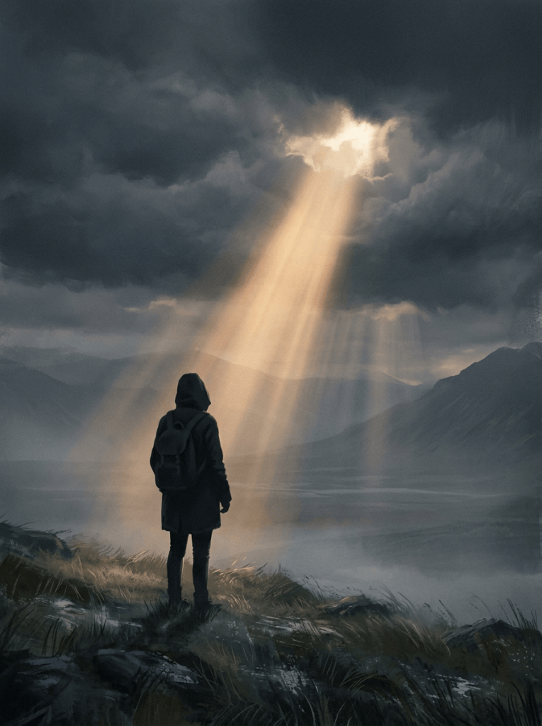Lone hiker facing mountains as golden light breaks through storm clouds