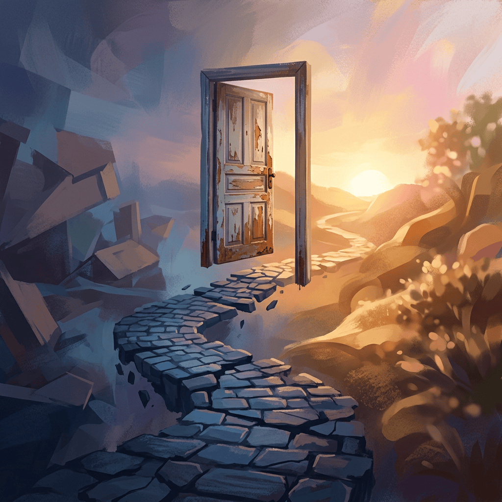 Weathered open door leading from broken path toward a glowing sunset valley