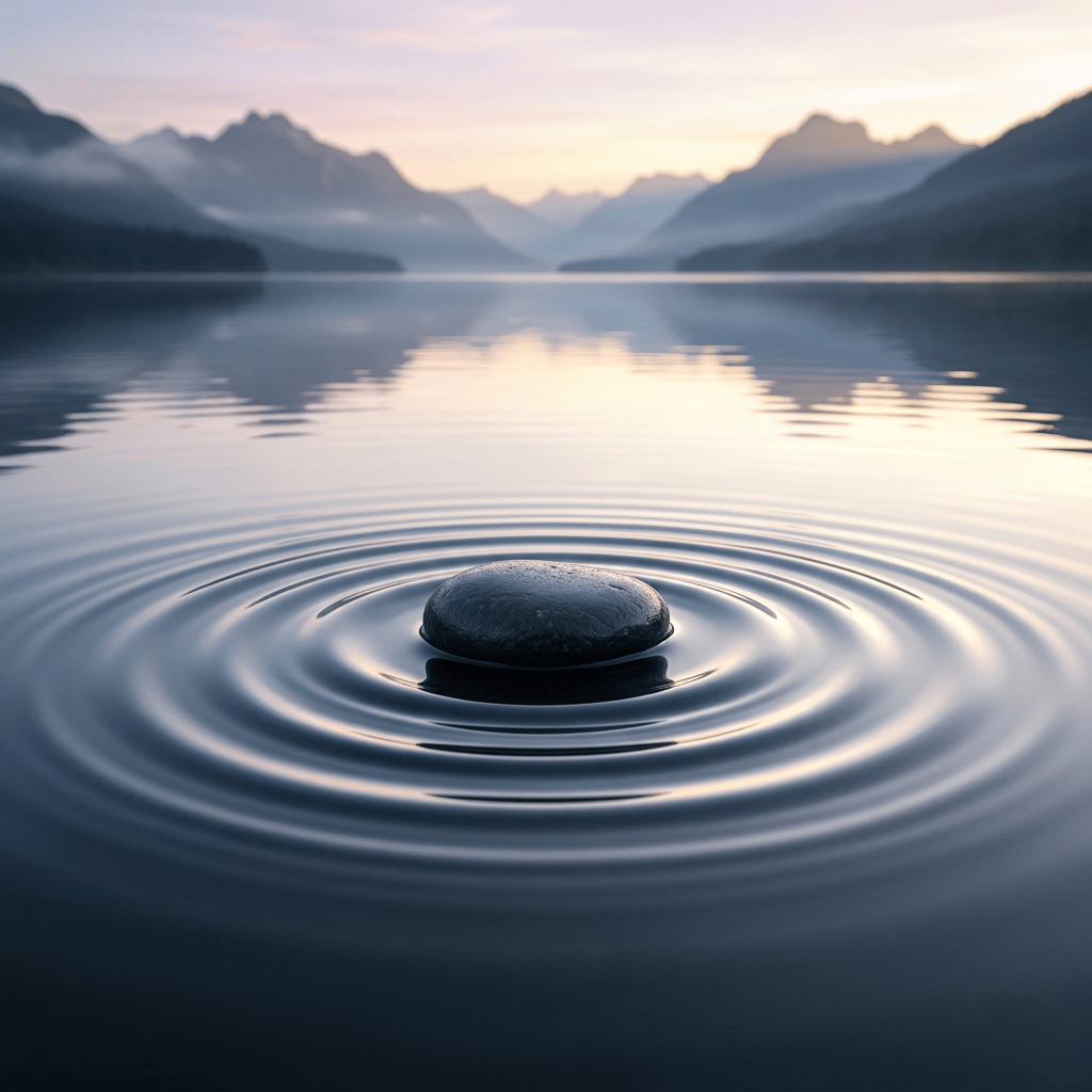 Stone surrounded by ripples on a mountain lake at dawn