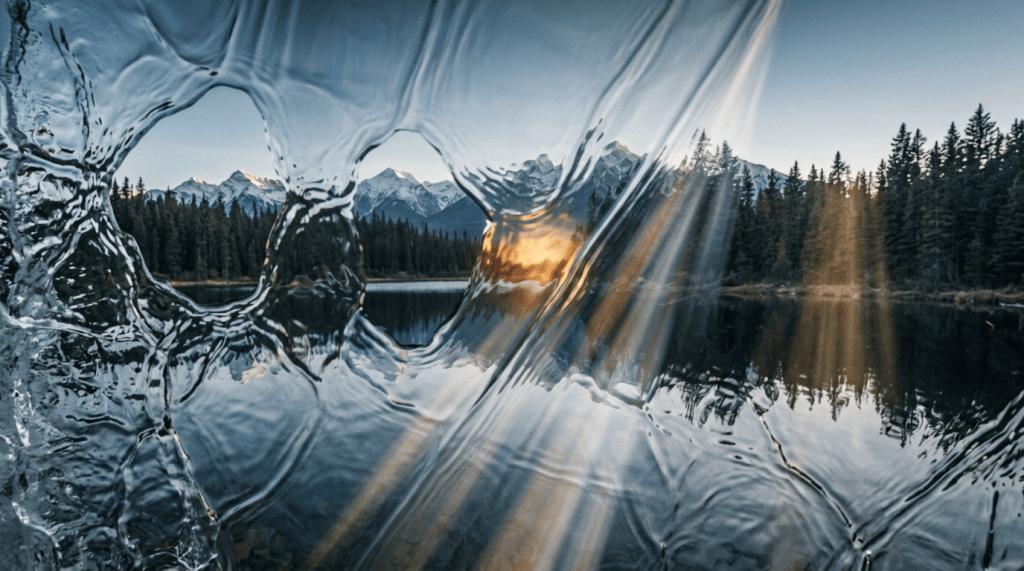 Rippling water frames a forested alpine lake and snow-capped mountains.