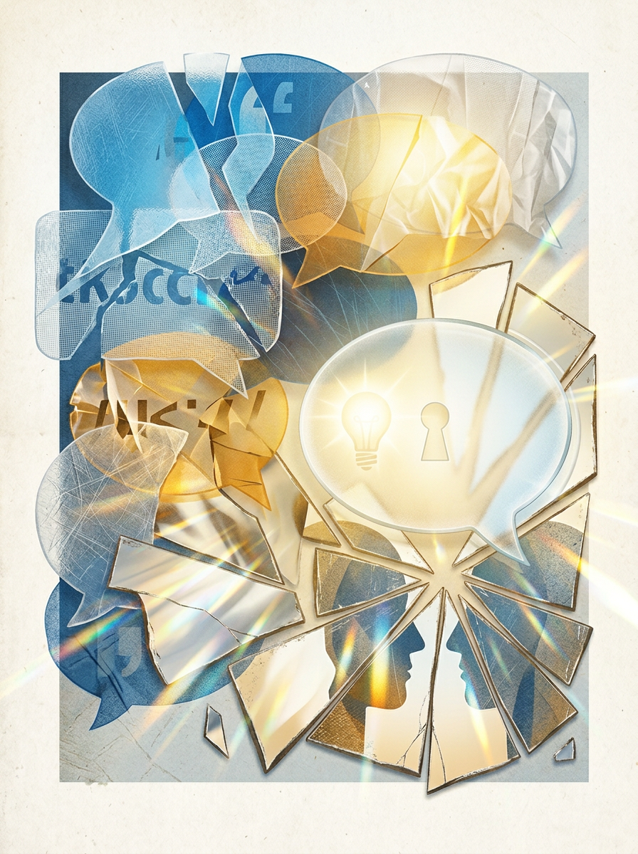 Abstract collage of speech bubbles, a lightbulb, keyhole, and shattered faces