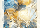 Abstract collage of speech bubbles, a lightbulb, keyhole, and shattered faces