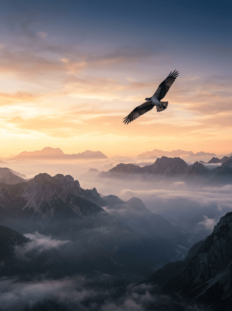 Eagle soaring over misty mountains at sunset