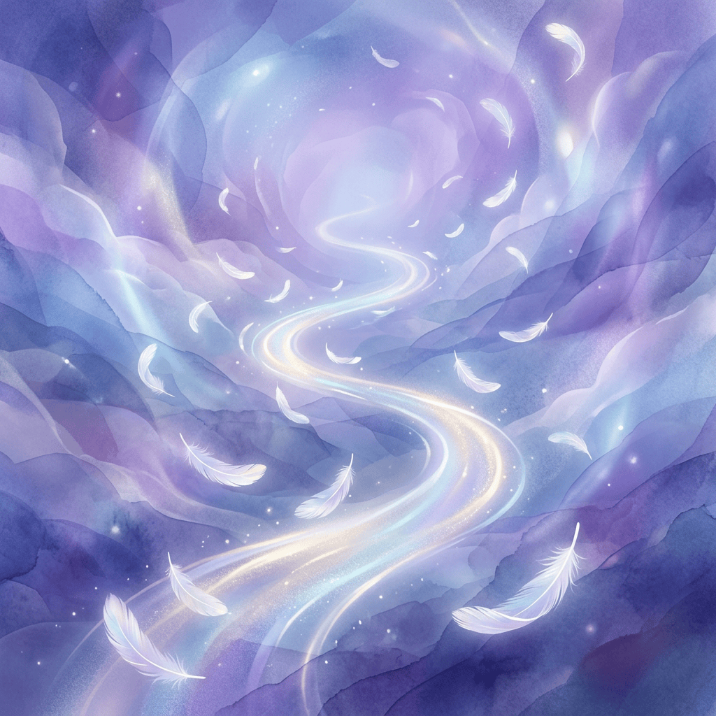 Glowing winding path through lavender clouds with floating white feathers
