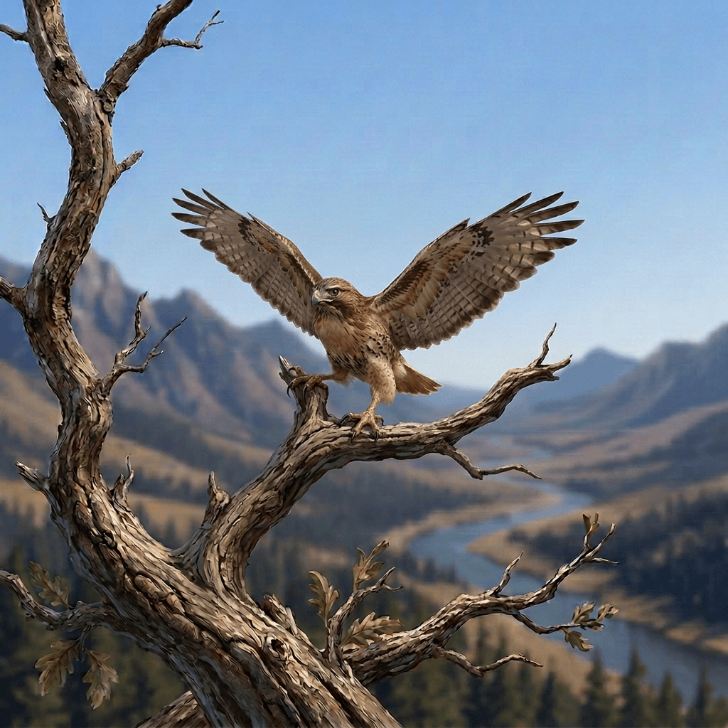 Eagle flying over mountains and river, with inset of eagle taking flight