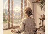 Woman meditating on a woven rug beside plants, with text reading “HMMMMM...” and “CALM...”