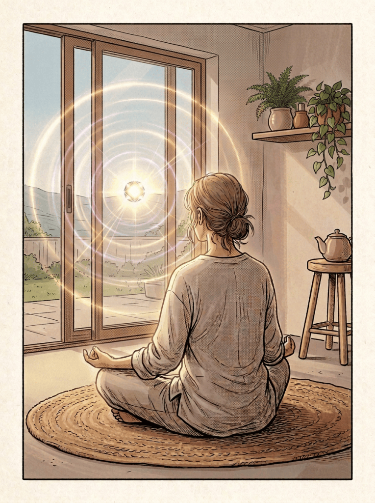 Woman meditating on a woven rug beside plants, with text reading “HMMMMM...” and “CALM...”