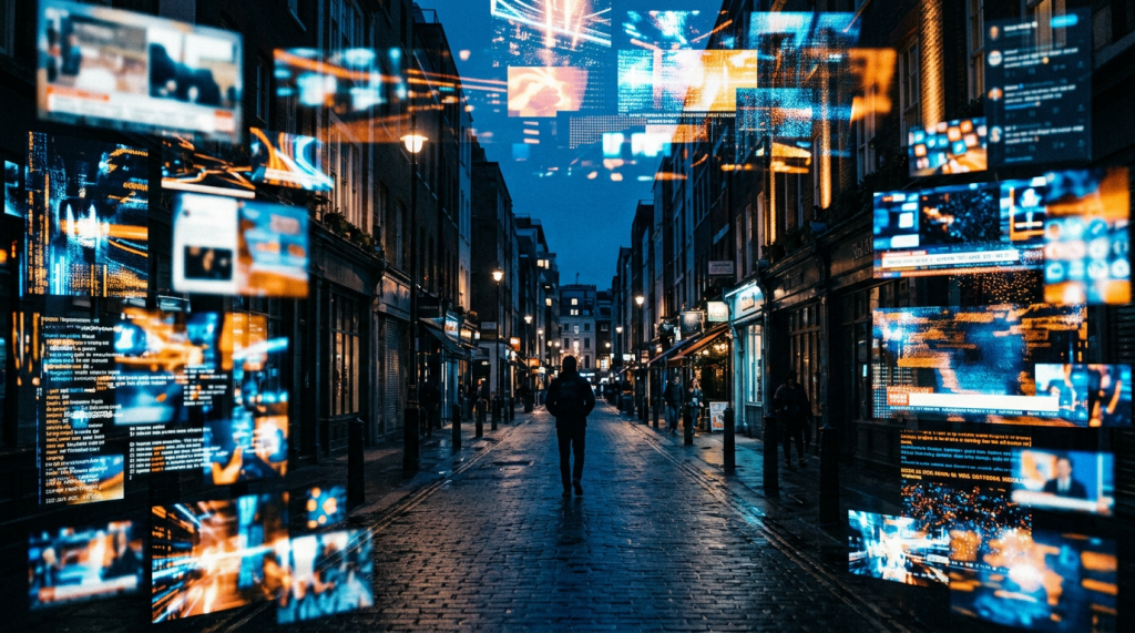 Person walking down a city street surrounded by holographic screens