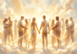A diverse group holding hands and embracing among glowing clouds