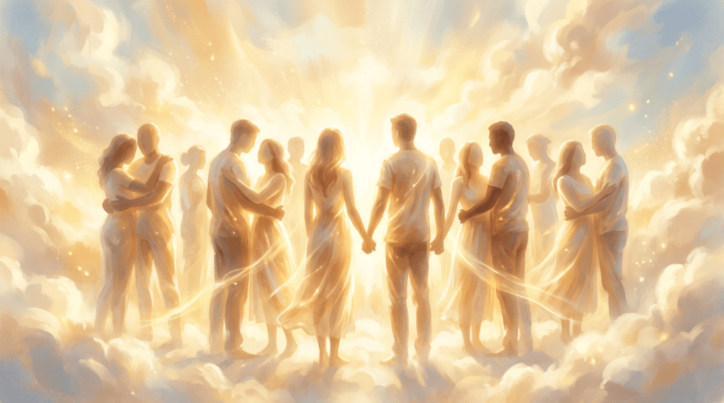 A diverse group holding hands and embracing among glowing clouds