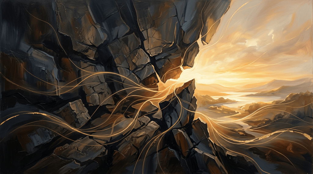 Golden light breaking through dark fractured rocks over a mountain valley