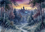 Watercolor forest path leading toward a distant city skyline